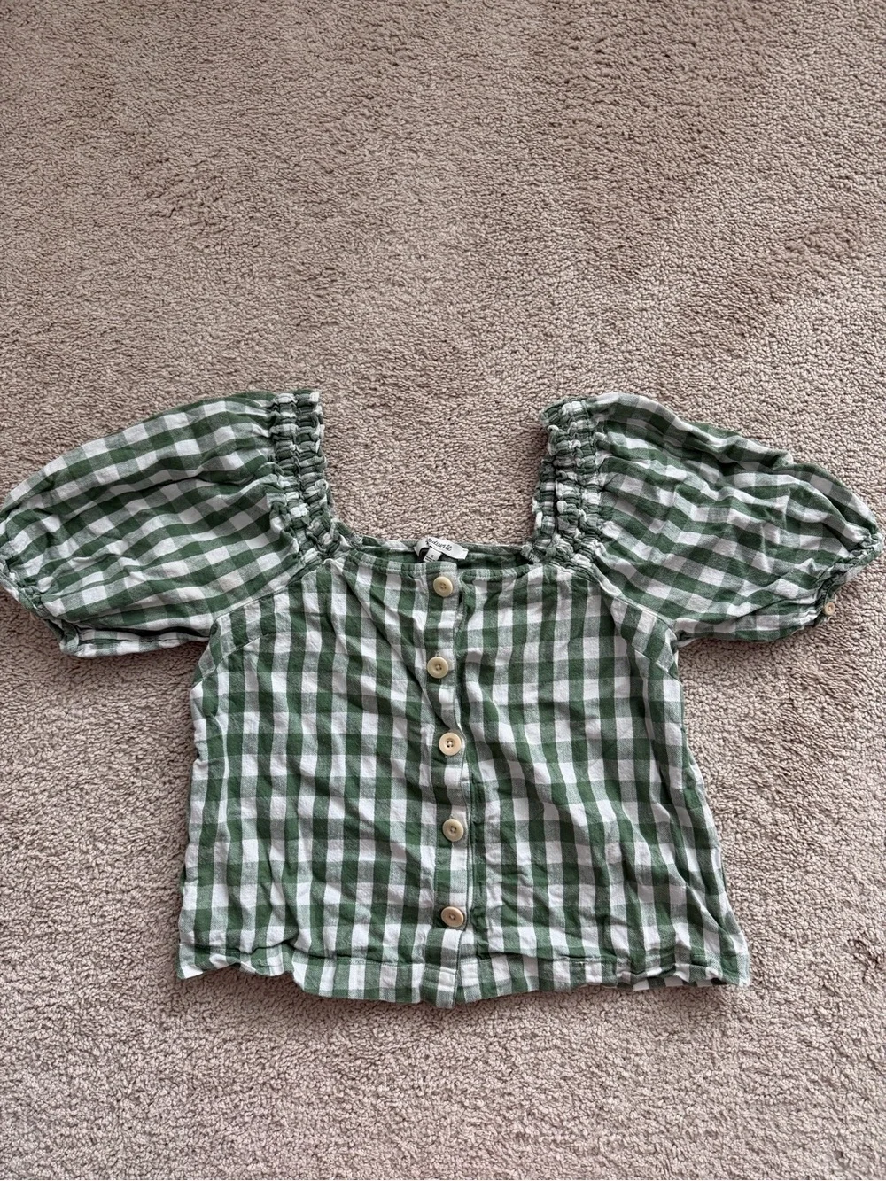 Madewell Green and White Gingham Puff Sleeve Button Front Blouse